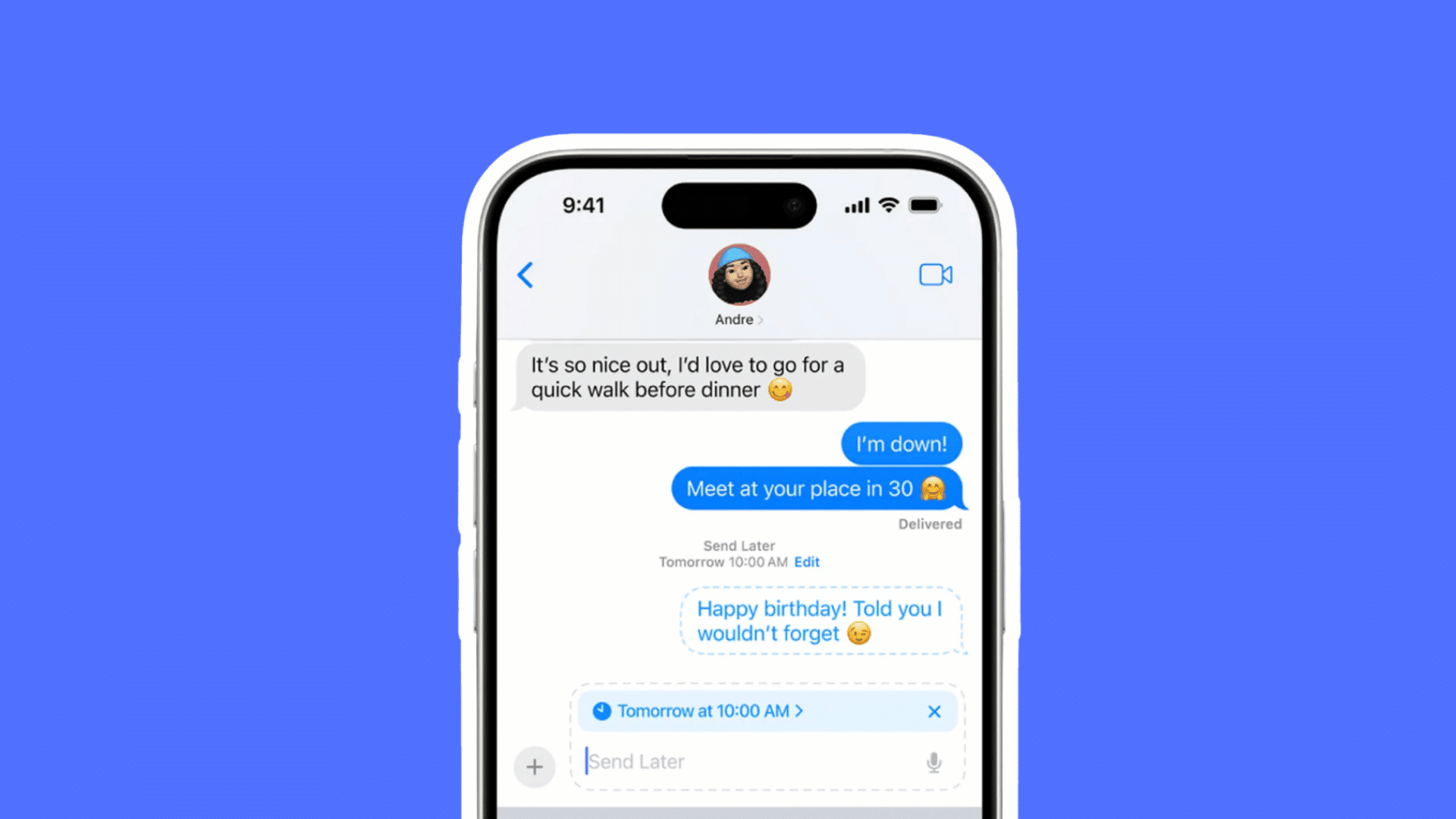 an iphone imessage conversation with scheduled send later messages displayed against a blue background