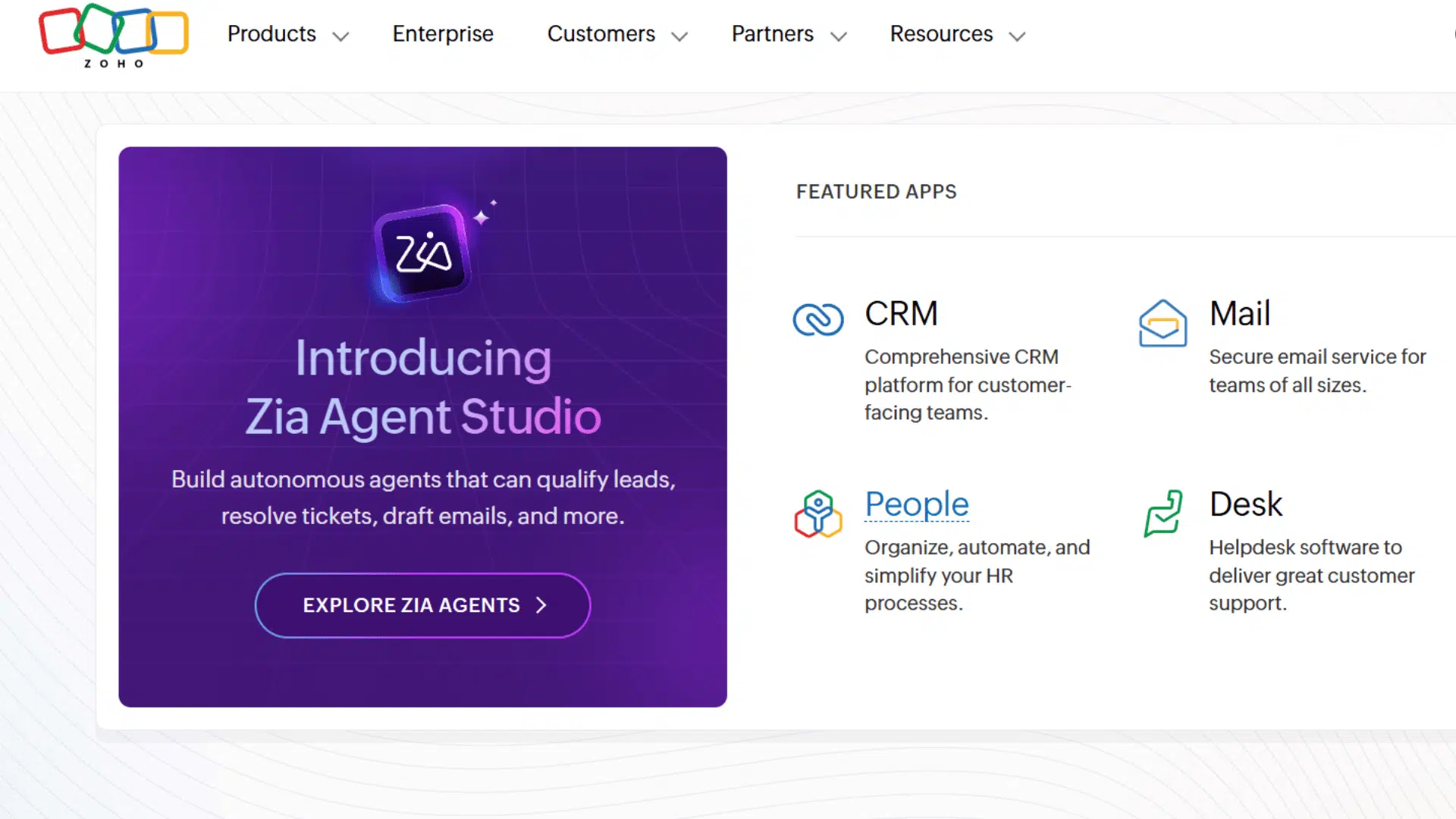 screenshot of website page of zoho