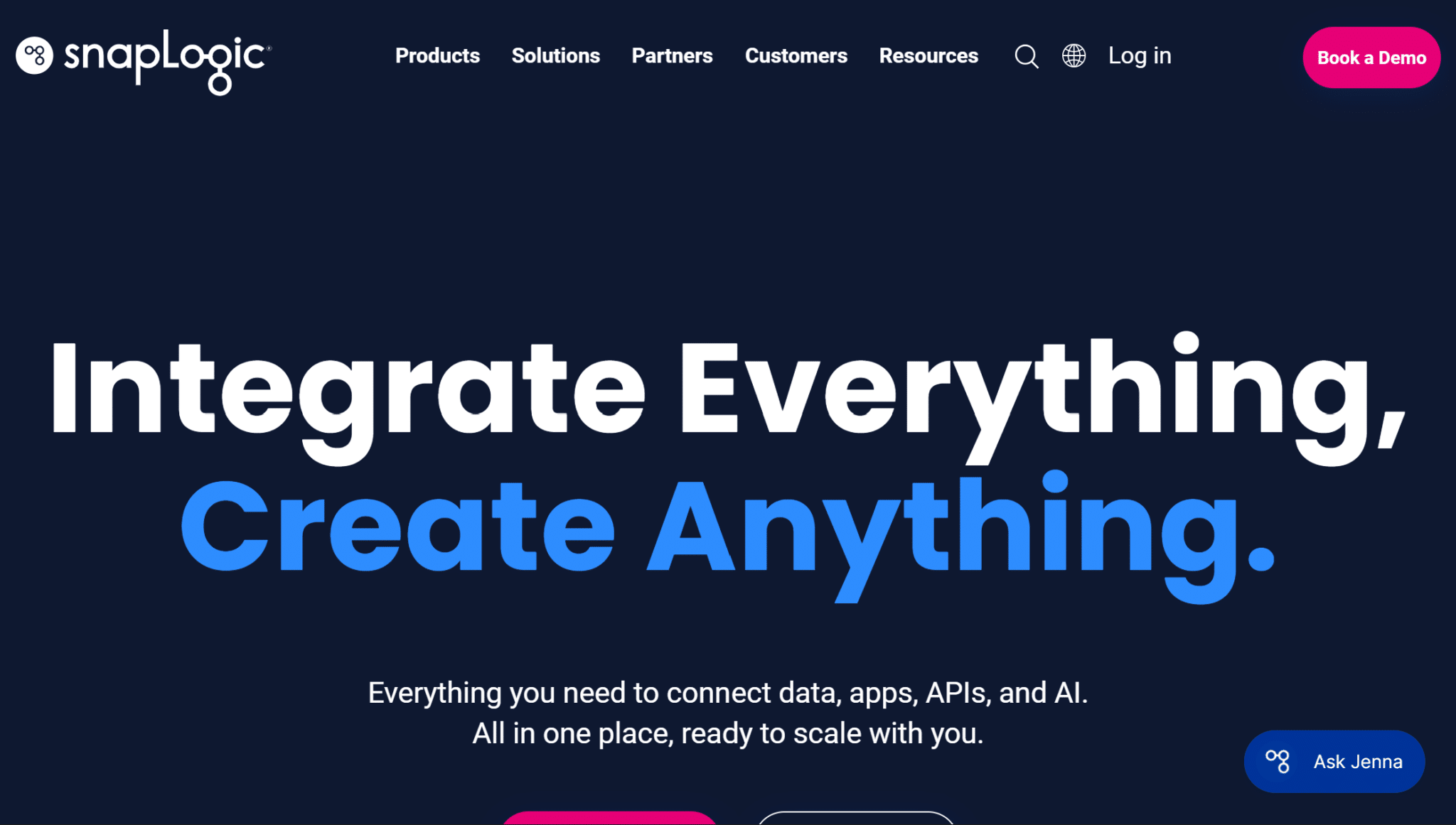snaplogic integration platform webpage showing data apps apis and ai connectivity solutions interface