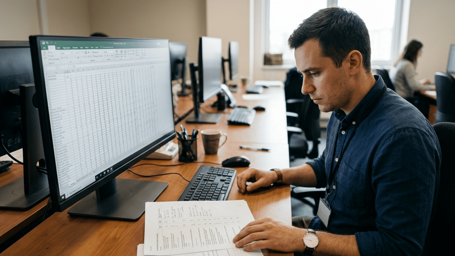 data coding clerk reviewing survey responses on a monitor beside printed questionnaires
