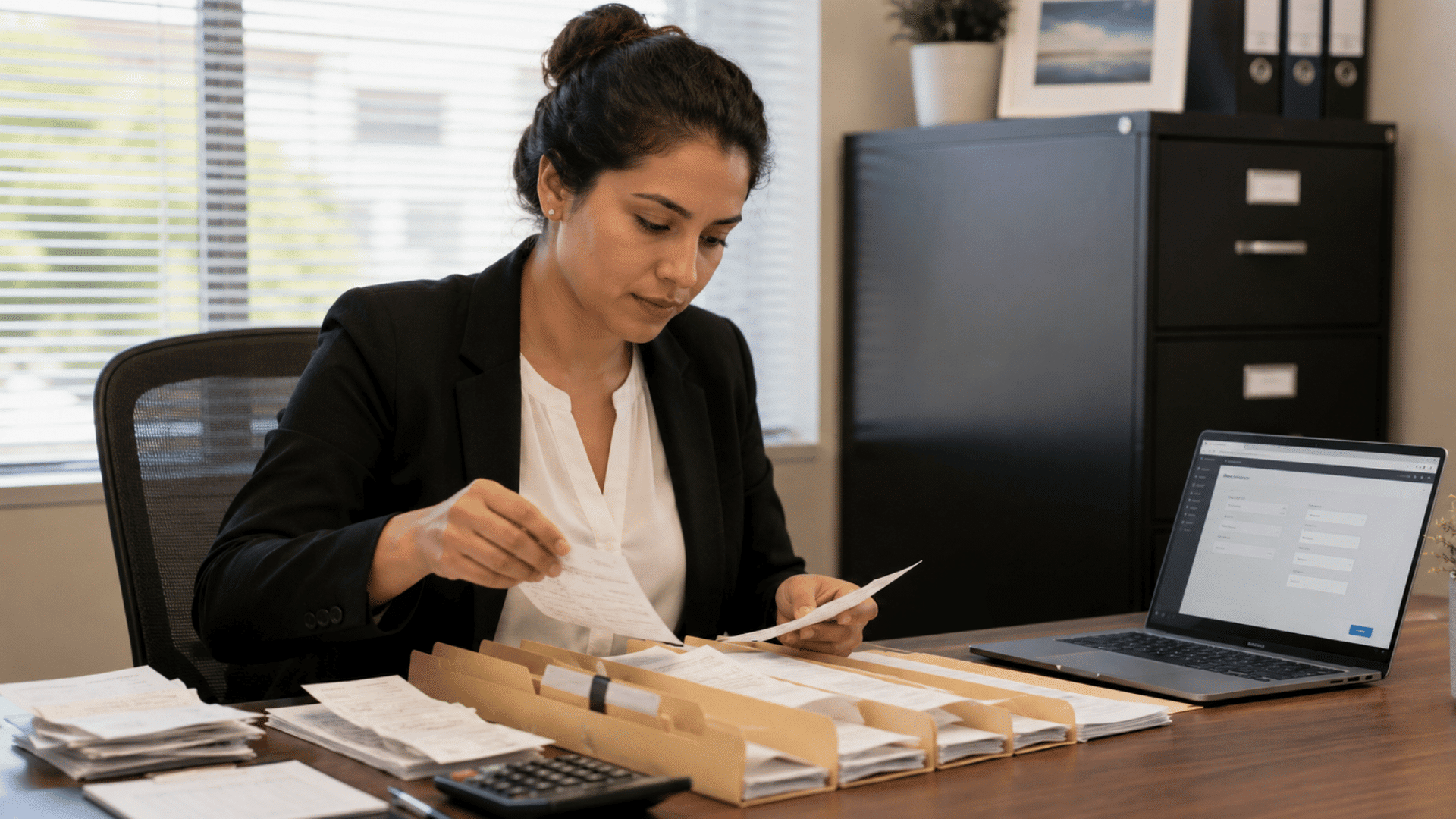 tax preparation assistant sorting receipts and income forms into folders at a desk