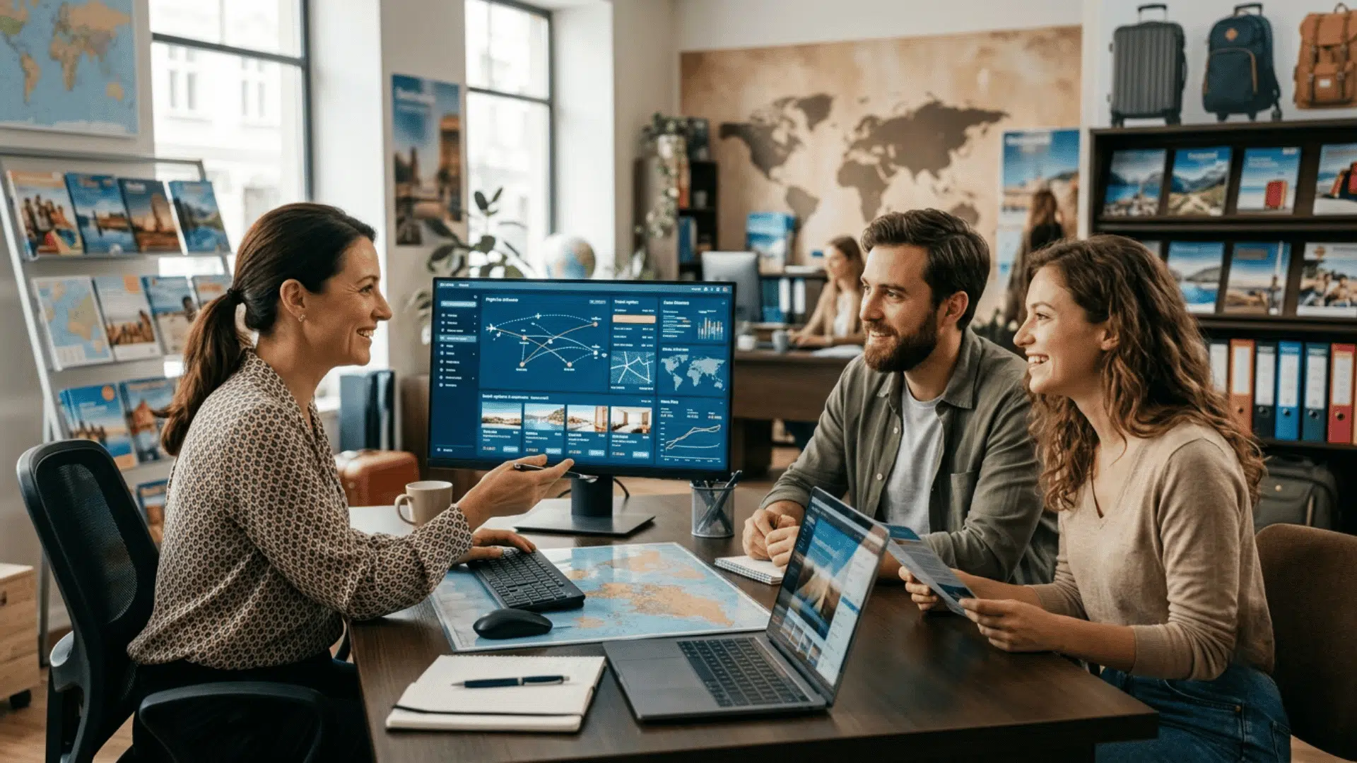 travel agent helps people plan trips while ai tools check flights hotels routes and prices