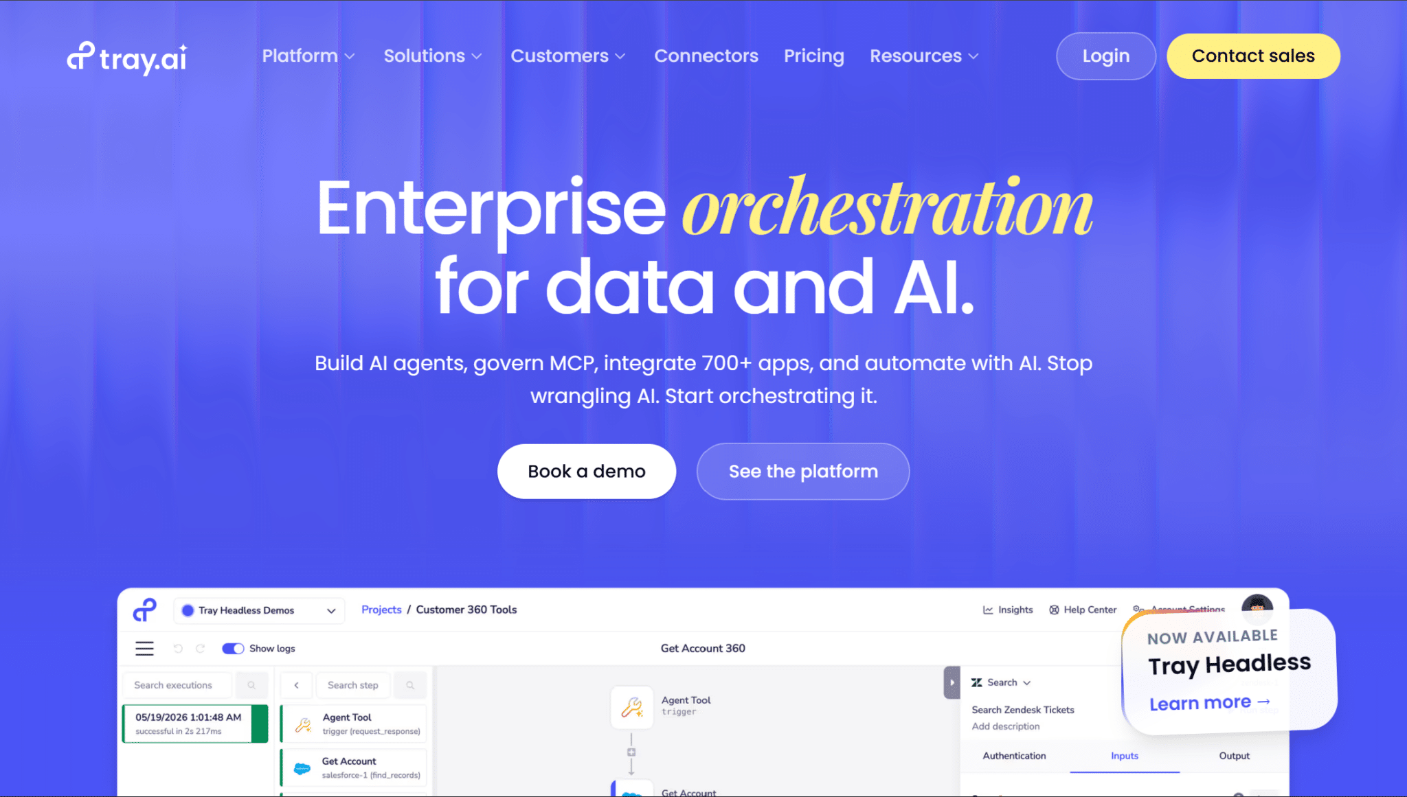 tray ai platform webpage showing enterprise data orchestration ai agents and application integration workflow features