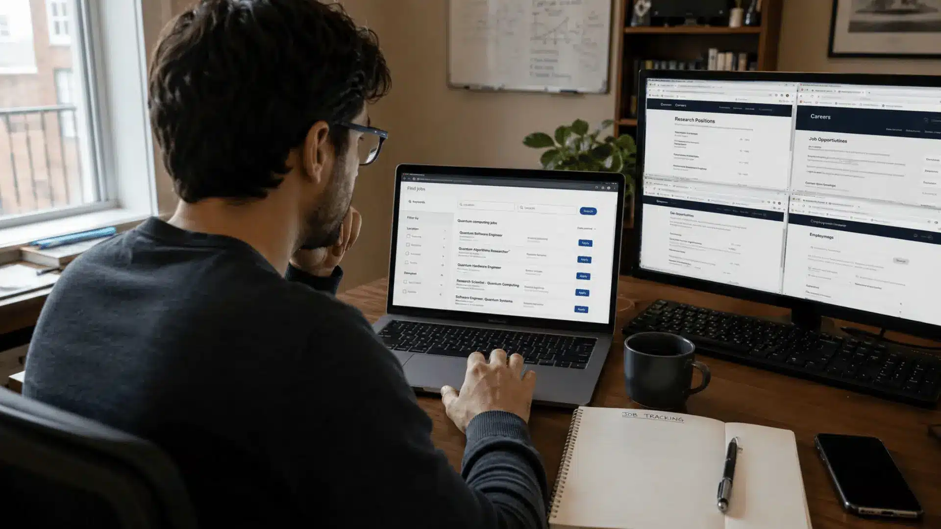person browsing technology job listings on a laptop at a home office