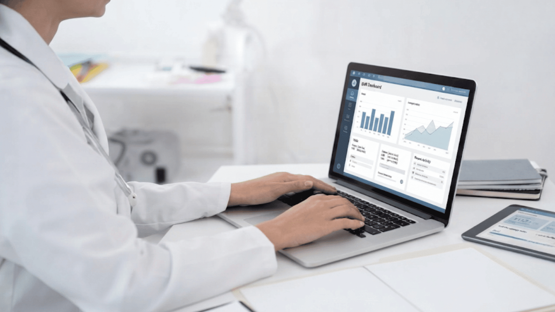 healthcare professional using a laptop to review patient data dashboard with charts while working at a clean desk