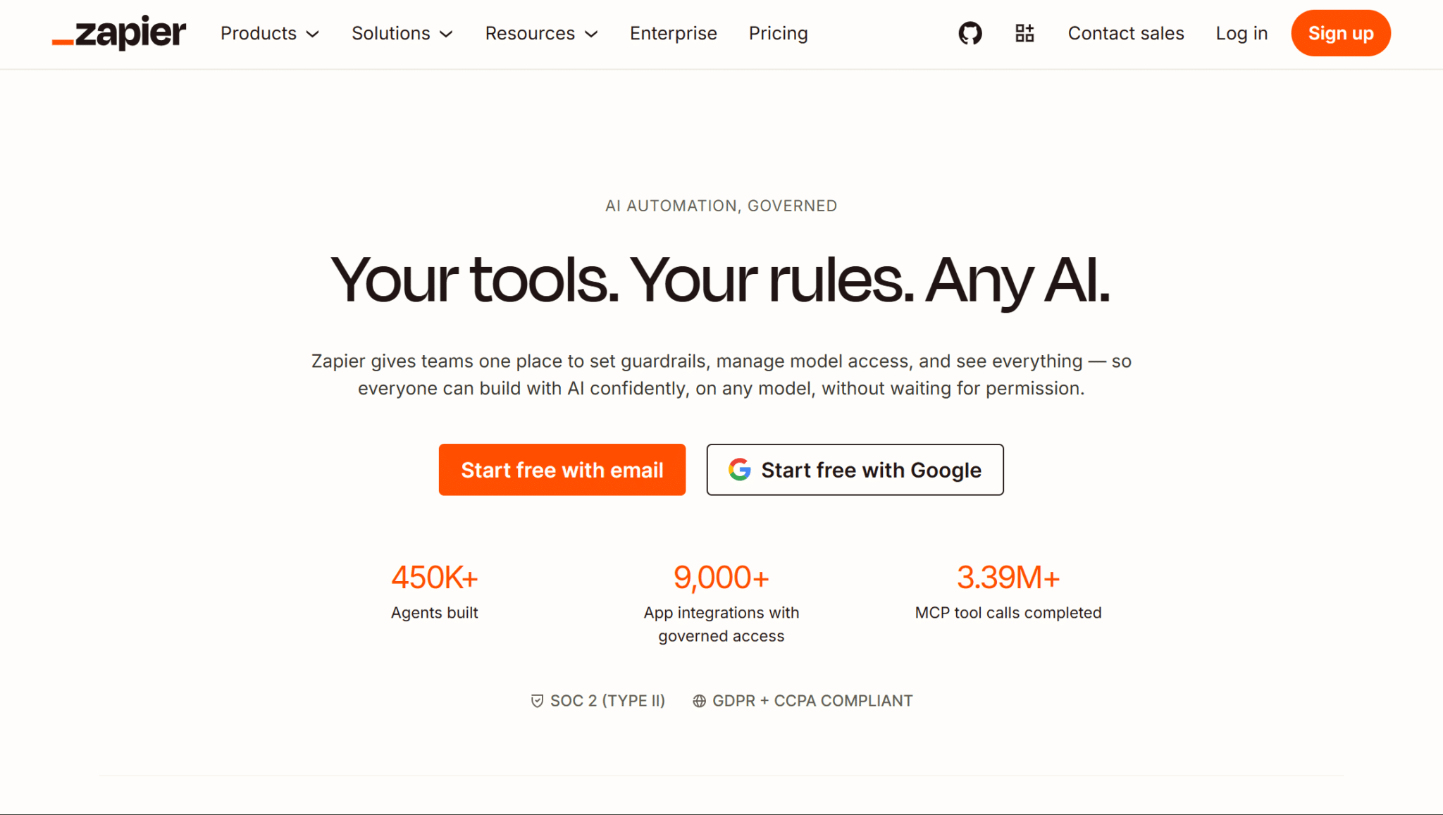 zapier automation platform webpage showing ai tools integrations governance and workflow management features